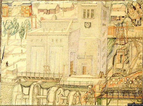 Sketch to the painting Kondostroy. 1929–1930. Watercolour on paper. 34х50 cm. M. Tsybasov